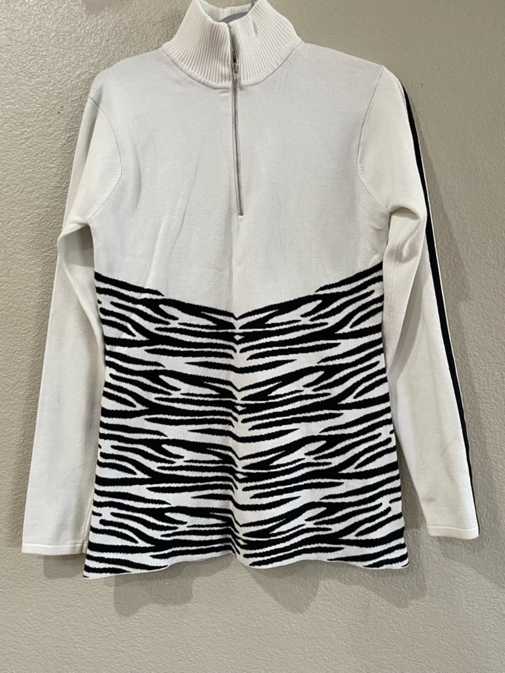 Obermeyer White & Black Zebra-Print Quarter-Zip Top ski sweater luxury sweater